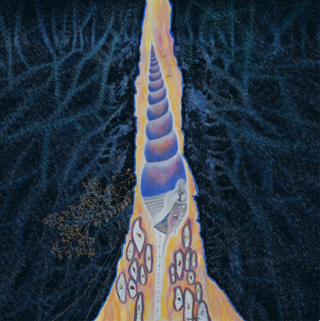 Décollage-dessin-oeuvre-art-portable-vulvéïque-kimono-drapé-coquillage-noir-bleu-violet-jaune-La-Montagne-Ô