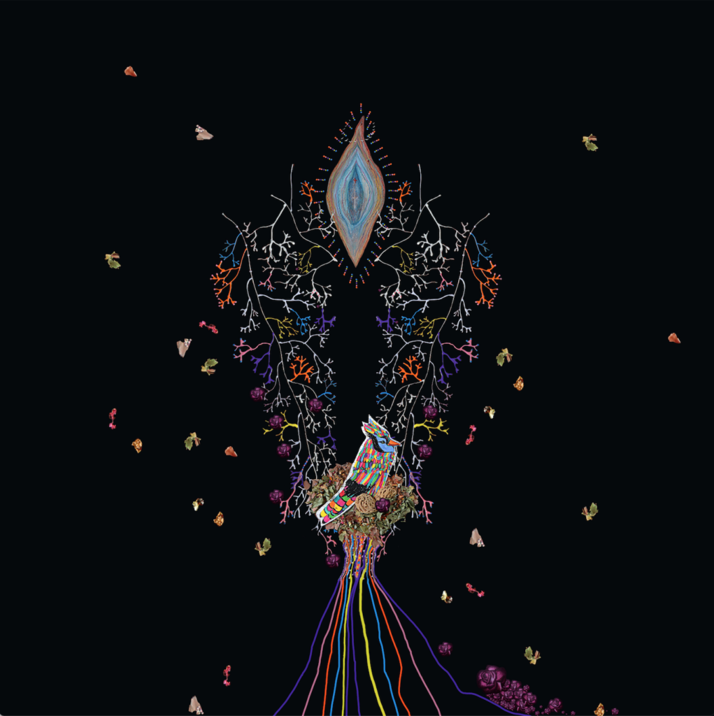 Nid d'automne-oeuvre-art-sérigraphie-peinture-oiseau-geai-bleu-arbre-vulve-noir-bleu-multicolore-kimono-drapé-housse-de-couette-kimono-drapé-Amélie-Lamontagne-La-Montagne-Ô-art-portable-vulvéïque